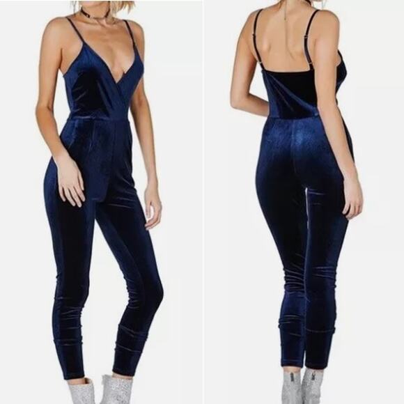 Toxik3 Womens Jumpsuit Large Velvet Y2K Royal Blue Holiday Skinny Fit Catsuit - Picture 1 of 9